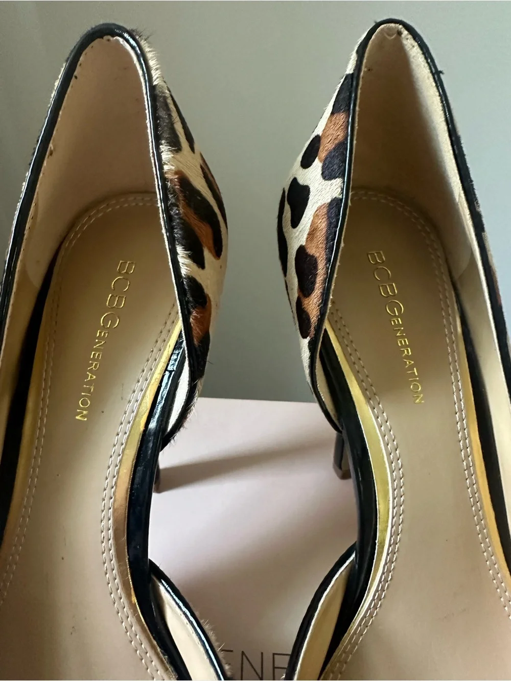 BCBGeneration Leopard Print Pointed Toe Pumps in Tan and Black